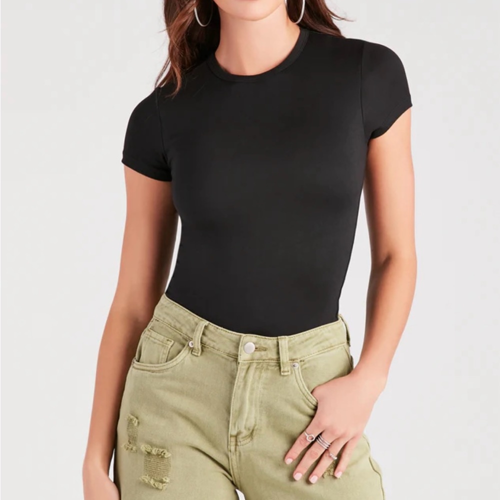 NWT Windsor Black basic bodysuit w/ short sleeves, crew neck, thong bottom, SML - Picture 2 of 2